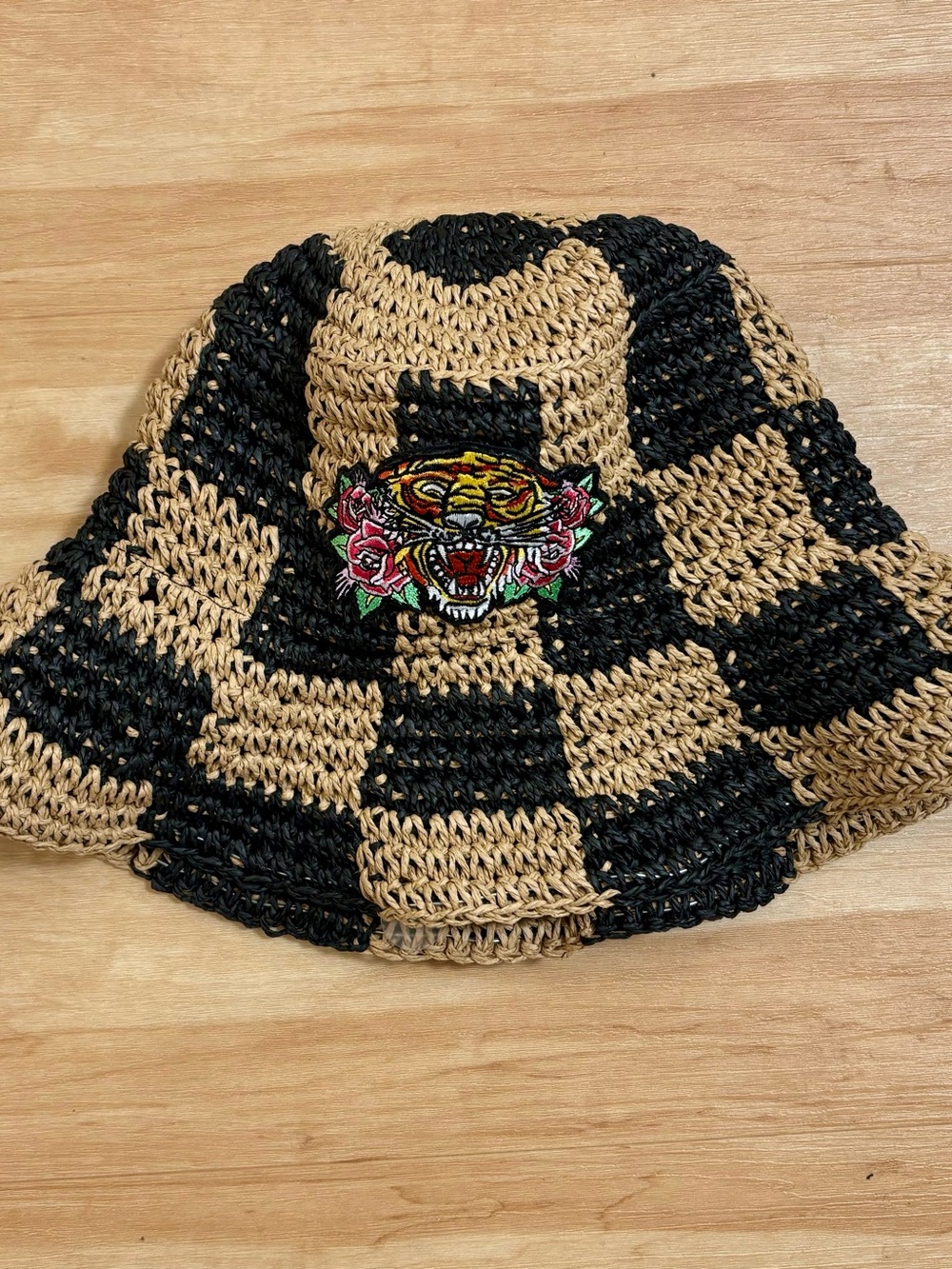 ED HARDY Checkered Crochet Bucket Hat with Embroidered Tiger Patch - Black & Tan